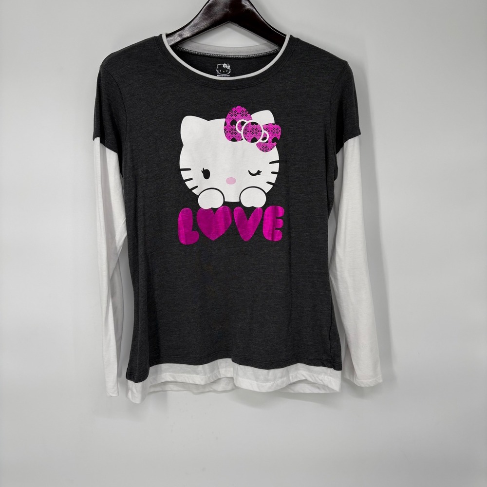 Hello Kitty Sanrio Love Graphic‎ Layered Long Sleeve Shirt Gray Pink Junior XXL